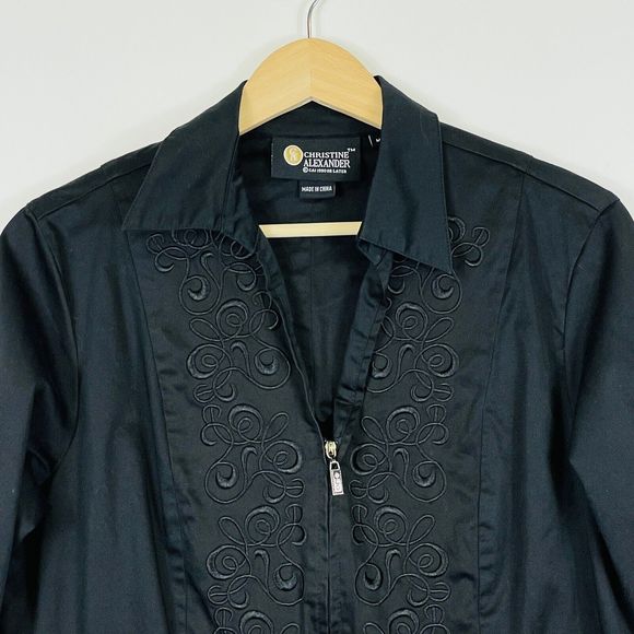 Christine Alexander Black Long‎ Sleeve Embroidered Shirt Jacket Womens Medium - Picture 2 of 8